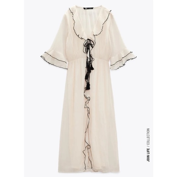 ZARA SS22 RUFFLED SHEER MIDI V-NECK DRESS OYSTER WHITE SIZE XS
